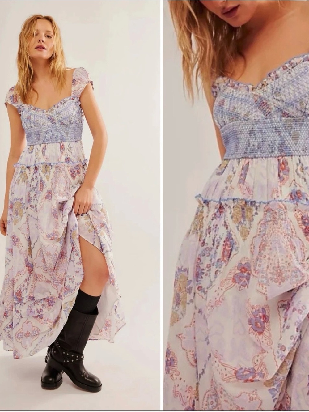 Free People Forever Favorite Lavender Paisley Smocked Maxi Dress Size Medium